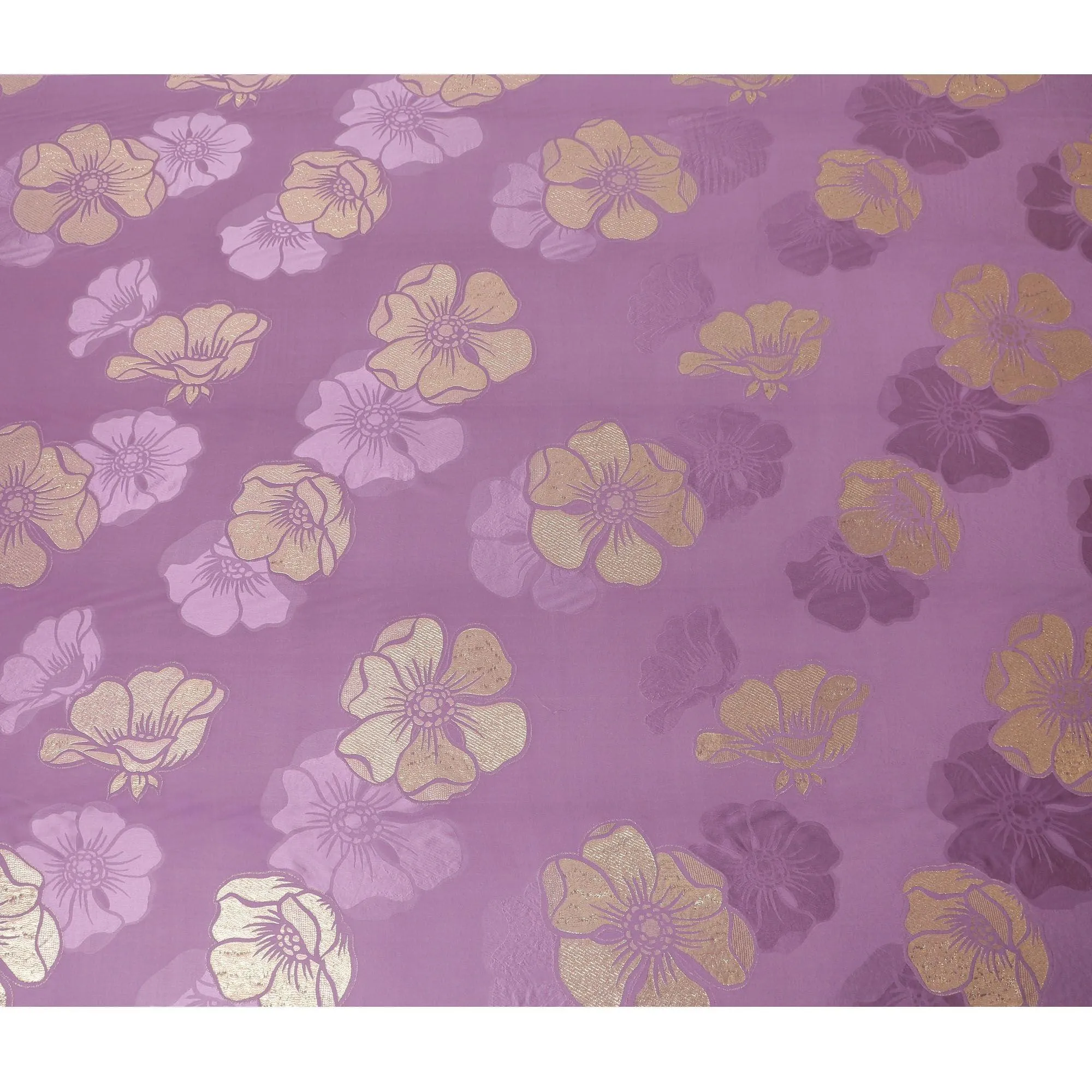 Lavender Premium pure silk crepe fabric with same tone jacquard and gold metallic lurex in floral design-D14631