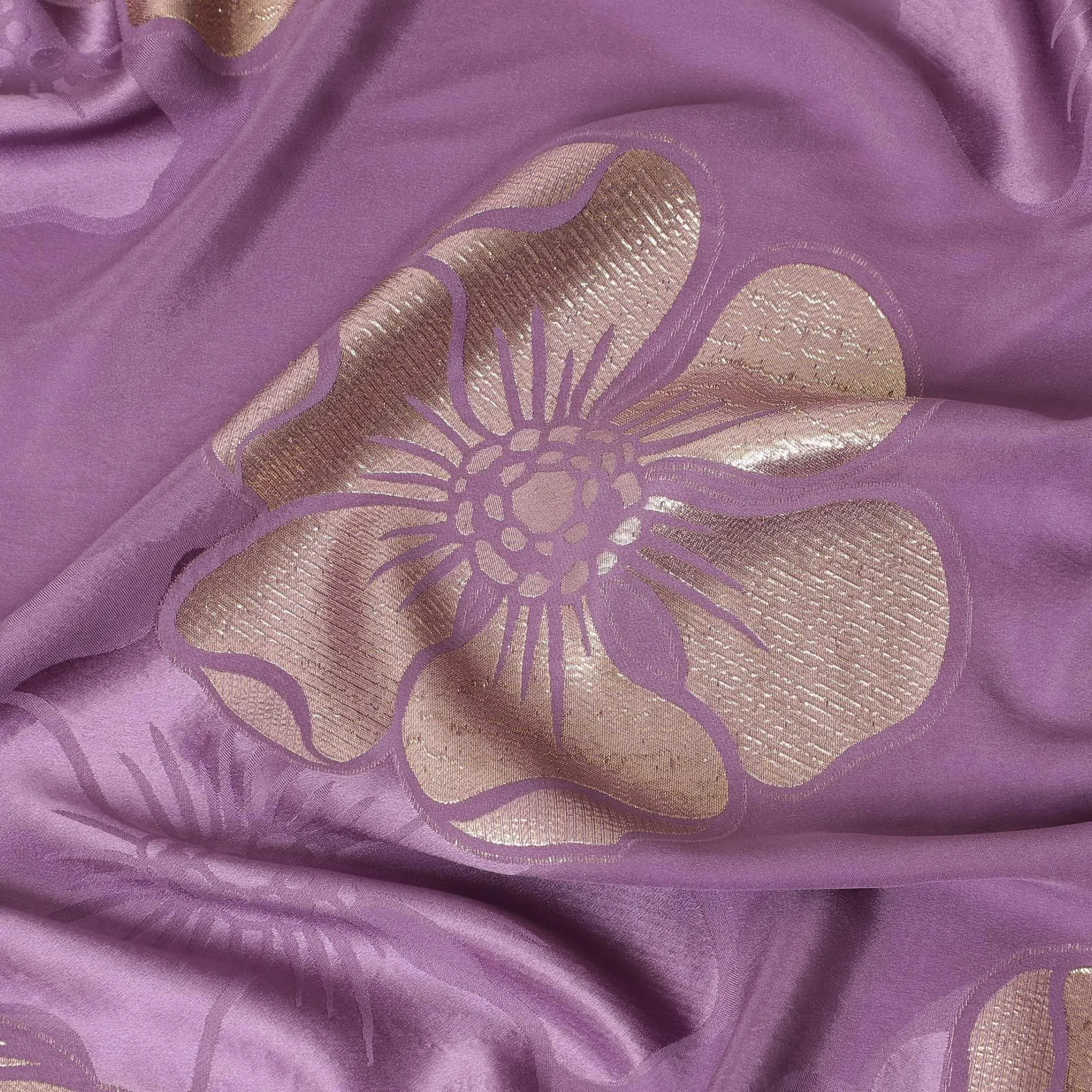Lavender Premium pure silk crepe fabric with same tone jacquard and gold metallic lurex in floral design-D14631