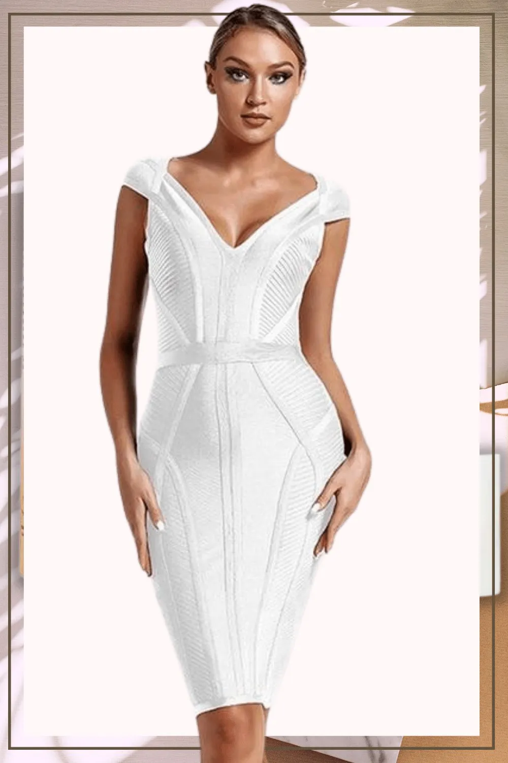 Loren Runway Elegant Short Sleeve Striped Bandage Dress - White