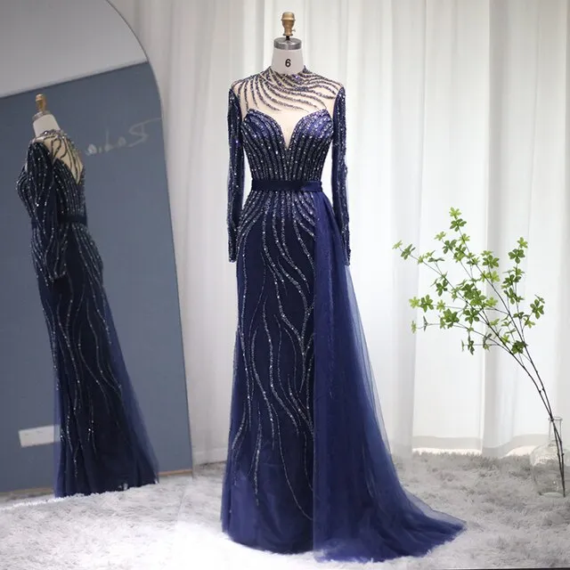Luxury Navy Blue Evening Dress with Detachable Skirt SS526