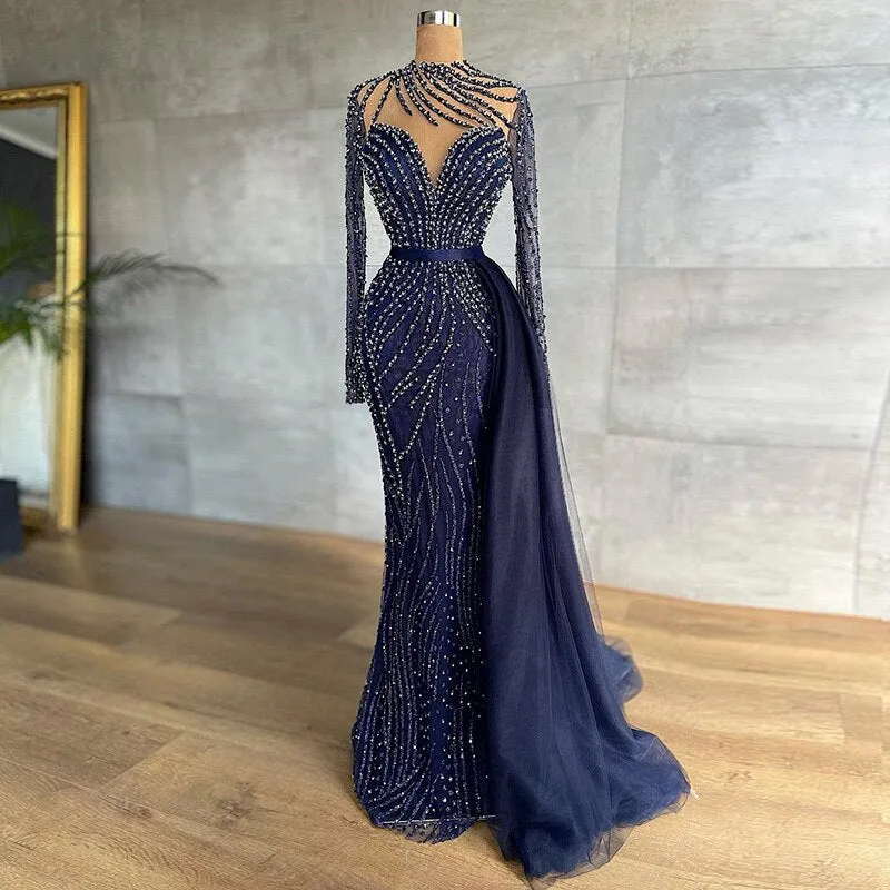 Luxury Navy Blue Evening Dress with Detachable Skirt SS526