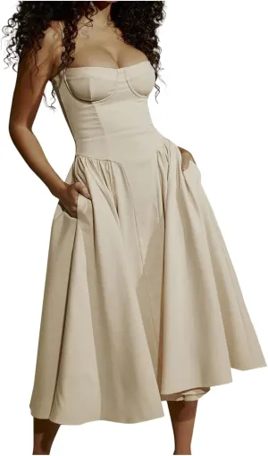 Maxi Dresses for Women 2025 Corset Dress Elegant Spaghetti Strap Bustier Midi Dress Flowy Formal Dresses