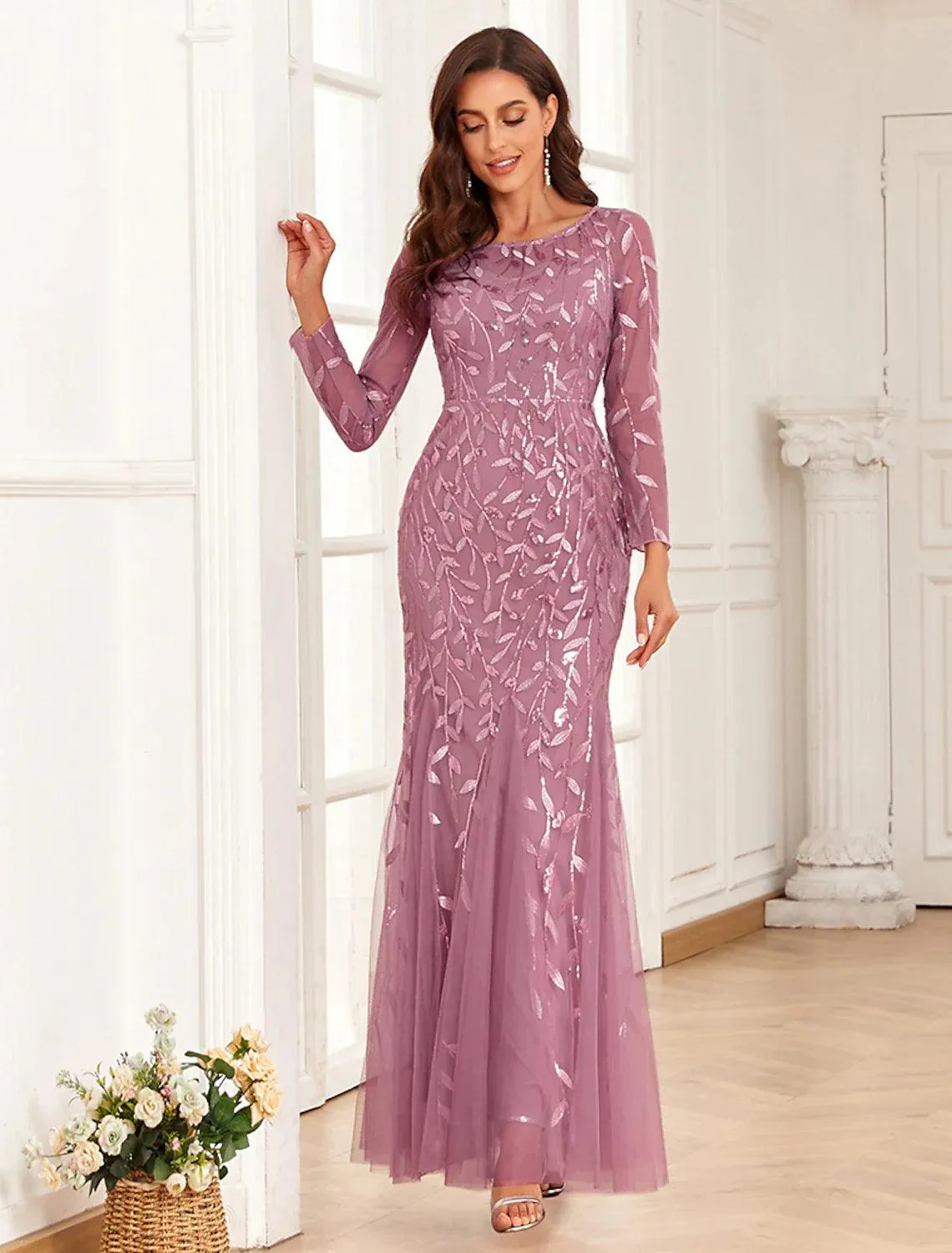 Mermaid / Trumpet Evening Gown Elegant Dress Prom Wedding Party Floor Length Long Sleeve Jewel Neck Tulle with Embroidery