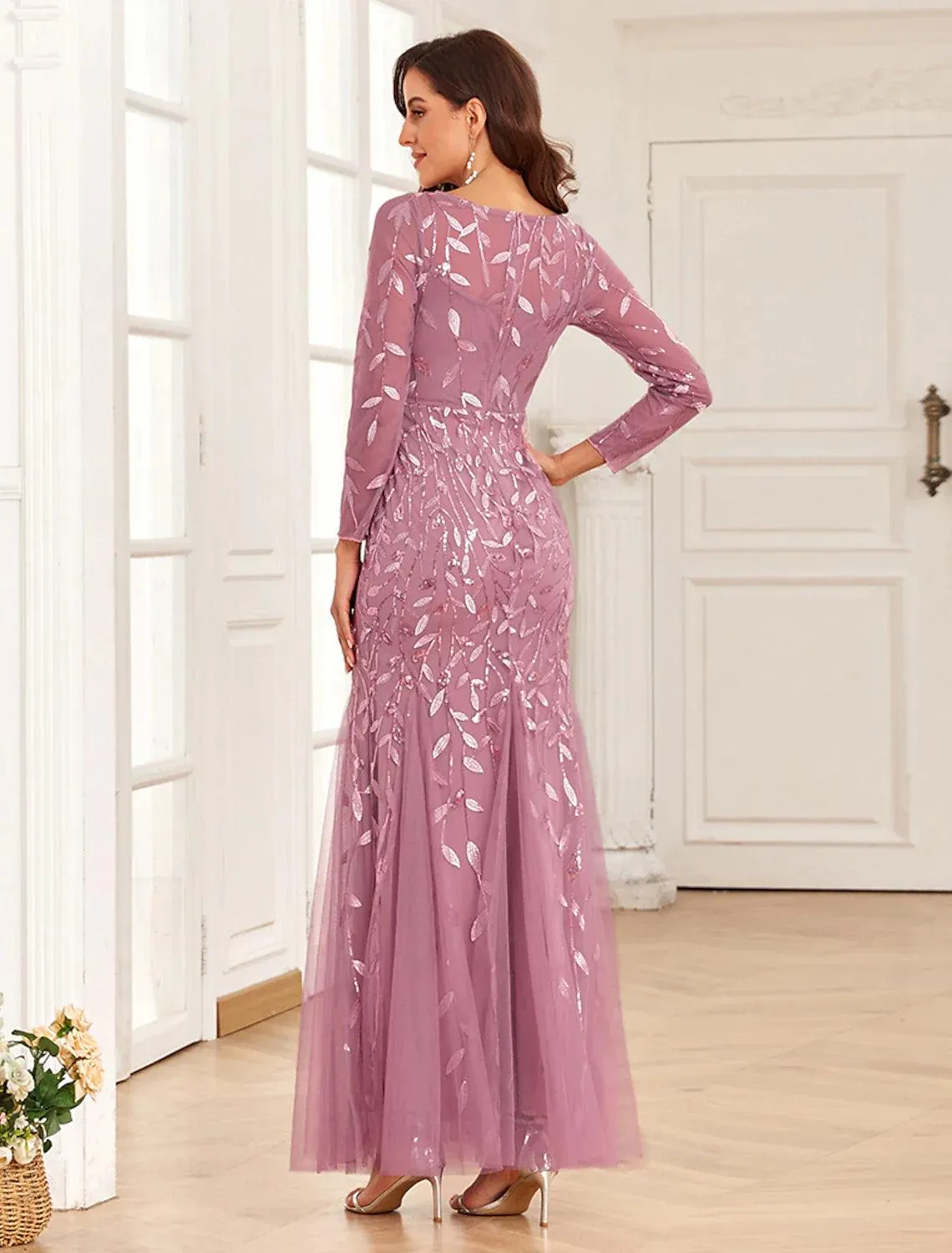 Mermaid / Trumpet Evening Gown Elegant Dress Prom Wedding Party Floor Length Long Sleeve Jewel Neck Tulle with Embroidery