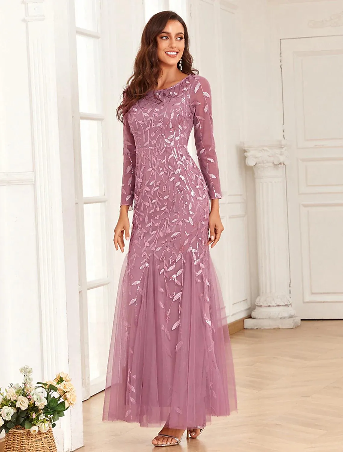 Mermaid / Trumpet Evening Gown Elegant Dress Prom Wedding Party Floor Length Long Sleeve Jewel Neck Tulle with Embroidery