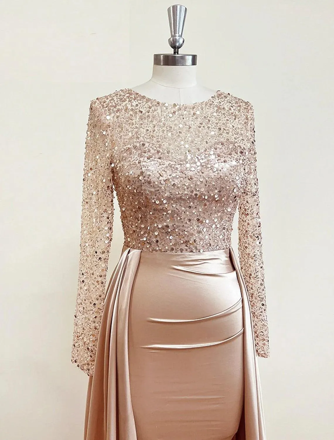 Mermaid / Trumpet Evening Gown Sparkle & Shine Dress Carnival Masquerade Floor Length Long Sleeve Illusion Neck Fall Wedding Reception Satin with Pearls Overskirt