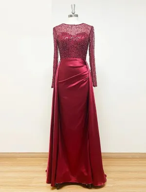 Mermaid / Trumpet Evening Gown Sparkle & Shine Dress Carnival Masquerade Floor Length Long Sleeve Illusion Neck Fall Wedding Reception Satin with Pearls Overskirt