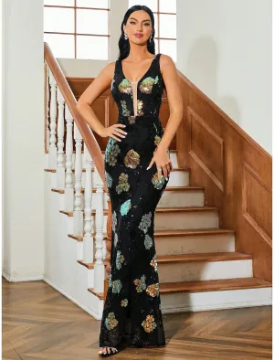 Mermaid / Trumpet Evening Gown Sparkle & Shine Dress Formal Fall Floor Length Sleeveless V Neck Sequined with Glitter