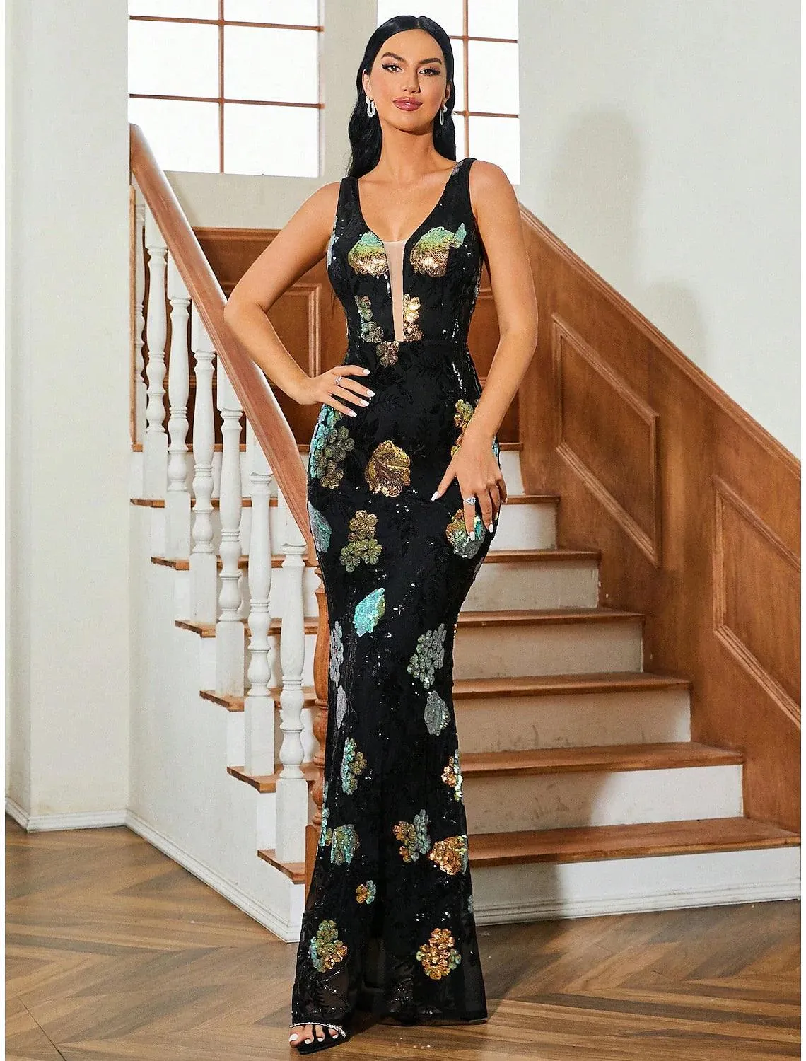 Mermaid / Trumpet Evening Gown Sparkle & Shine Dress Formal Fall Floor Length Sleeveless V Neck Sequined with Glitter