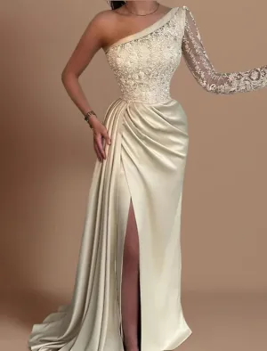Mermaid / Trumpet Gold Evening Gown Wedding Guest Sweep / Brush Train Long Sleeve One Shoulder Bridesmaid Dress Satin with Rhinestone Appliques