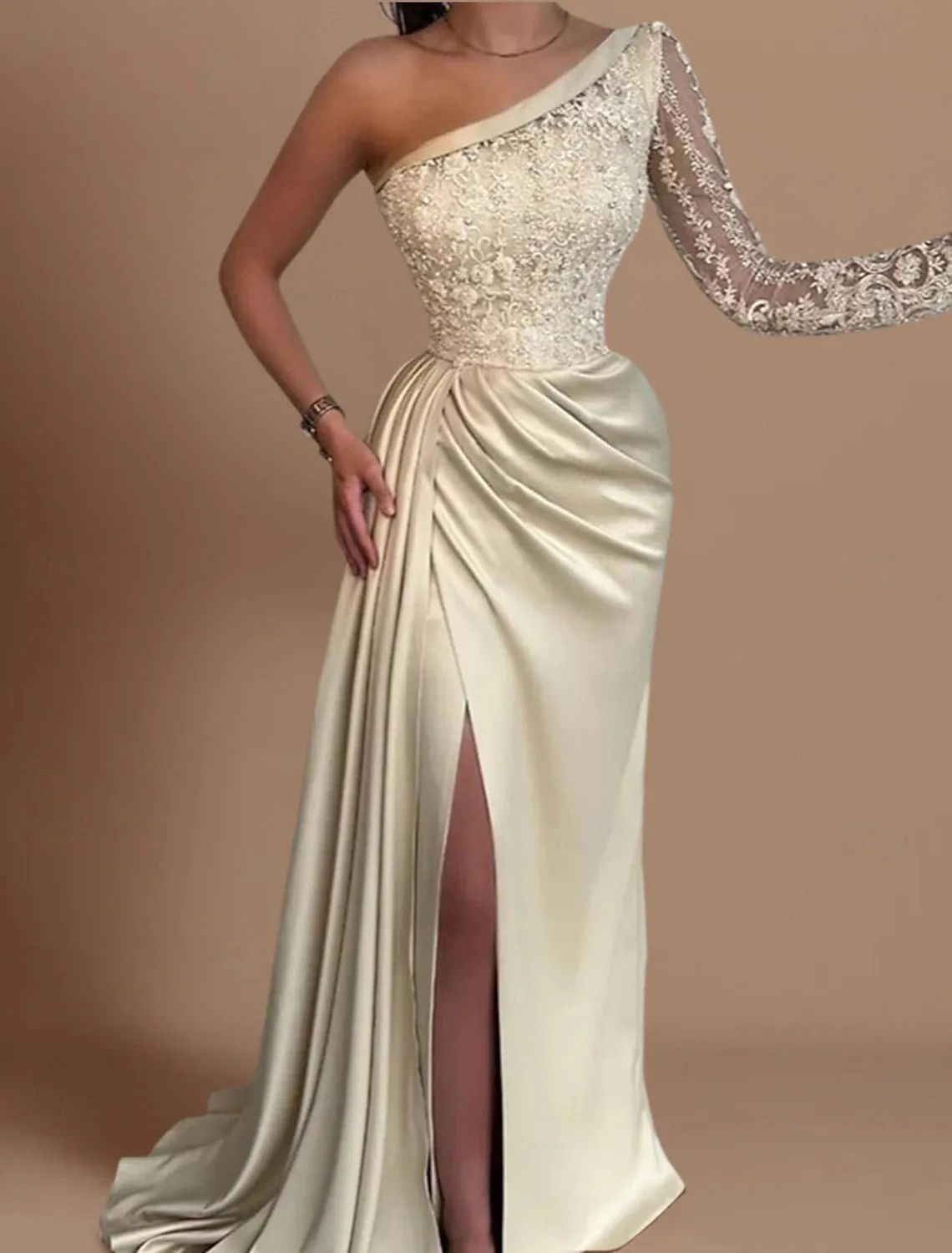 Mermaid / Trumpet Gold Evening Gown Wedding Guest Sweep / Brush Train Long Sleeve One Shoulder Bridesmaid Dress Satin with Rhinestone Appliques
