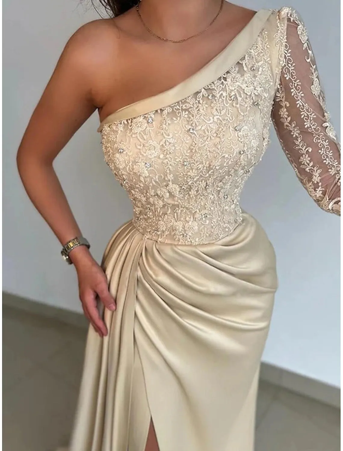 Mermaid / Trumpet Gold Evening Gown Wedding Guest Sweep / Brush Train Long Sleeve One Shoulder Bridesmaid Dress Satin with Rhinestone Appliques