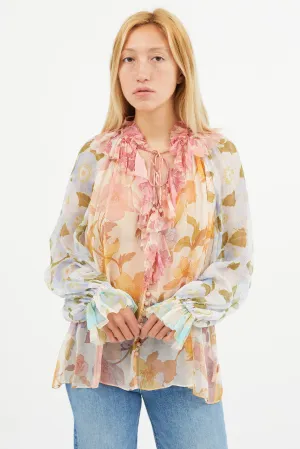 Multicolour Silk Floral Semi Sheer Blouse
