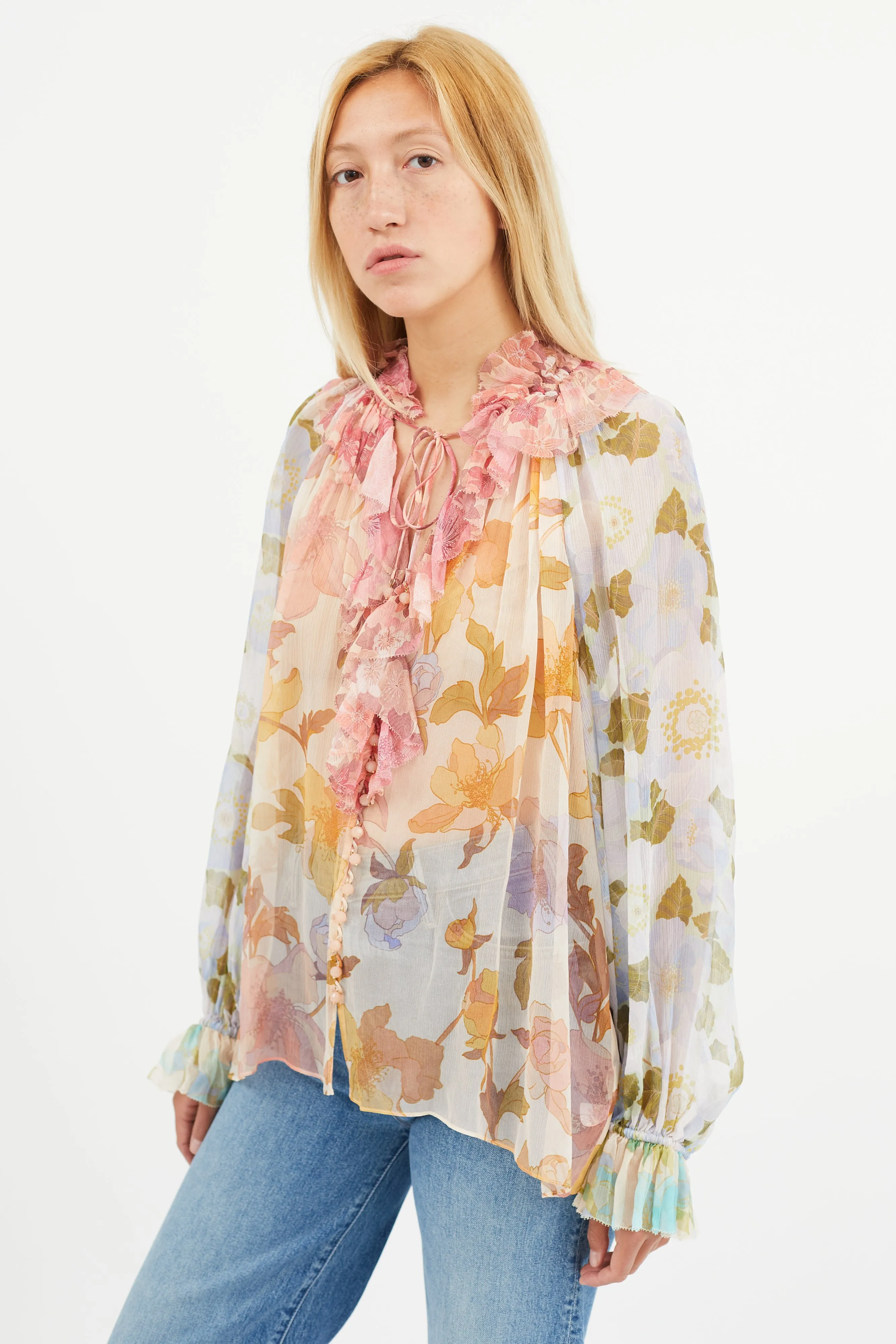 Multicolour Silk Floral Semi Sheer Blouse