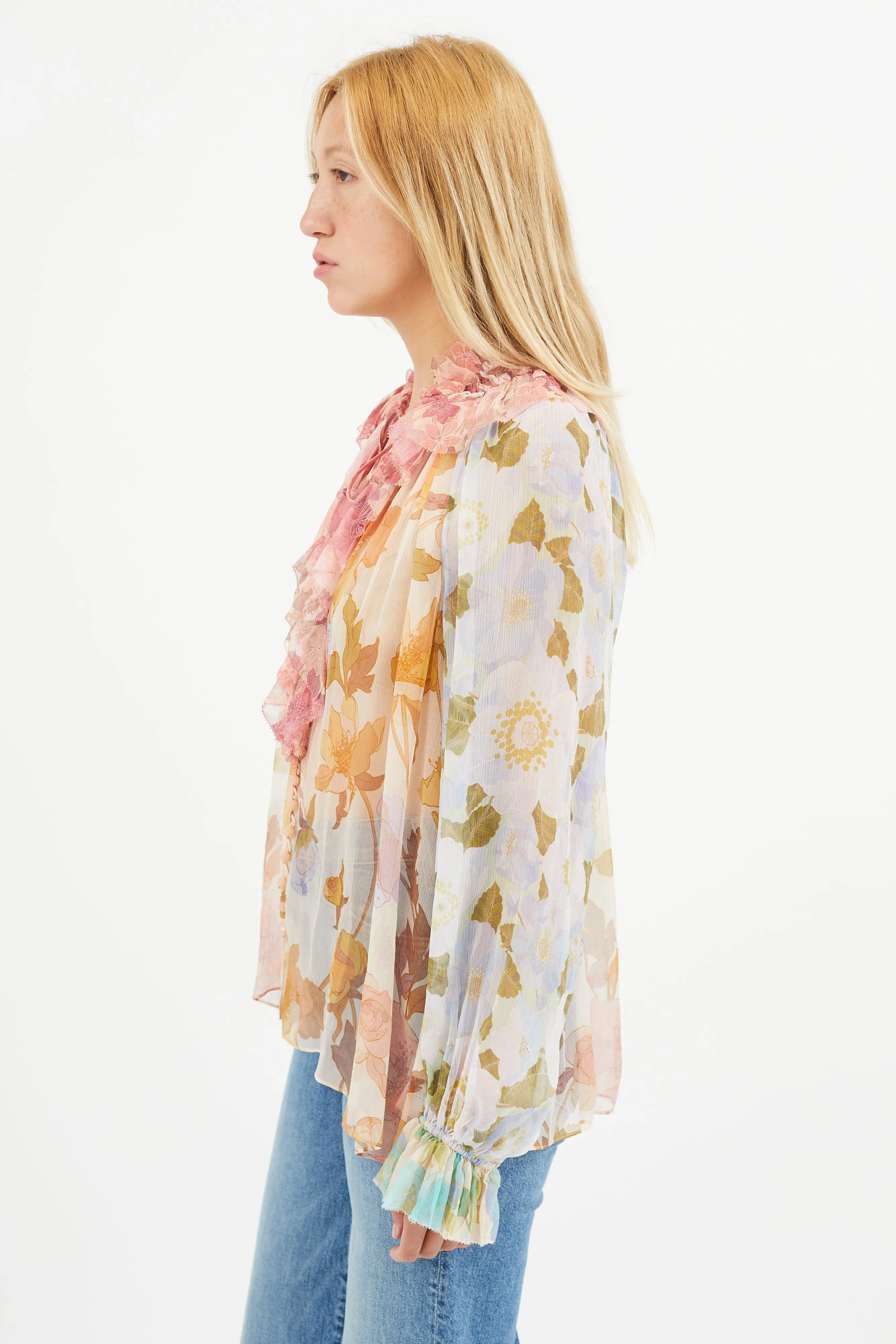 Multicolour Silk Floral Semi Sheer Blouse