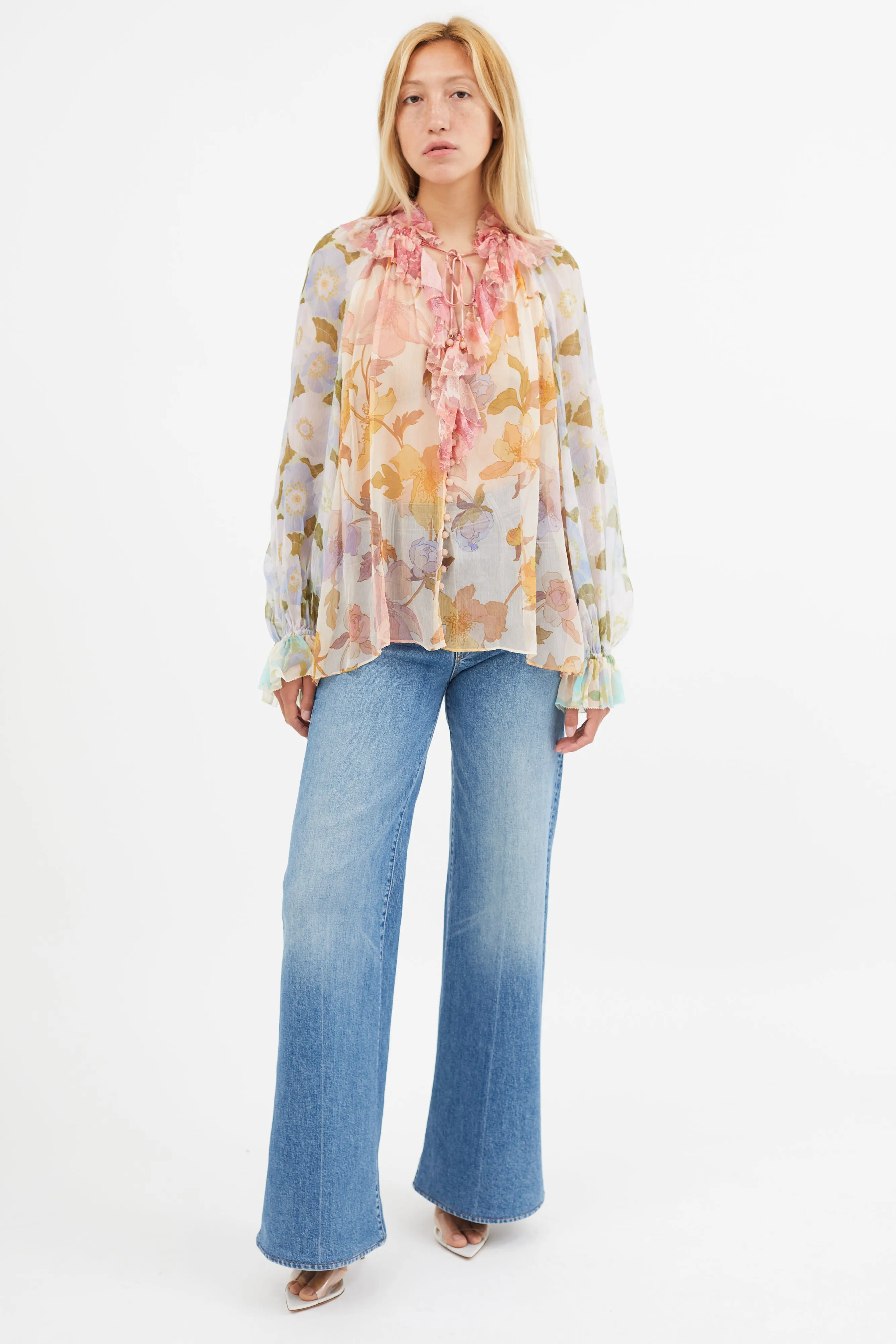 Multicolour Silk Floral Semi Sheer Blouse