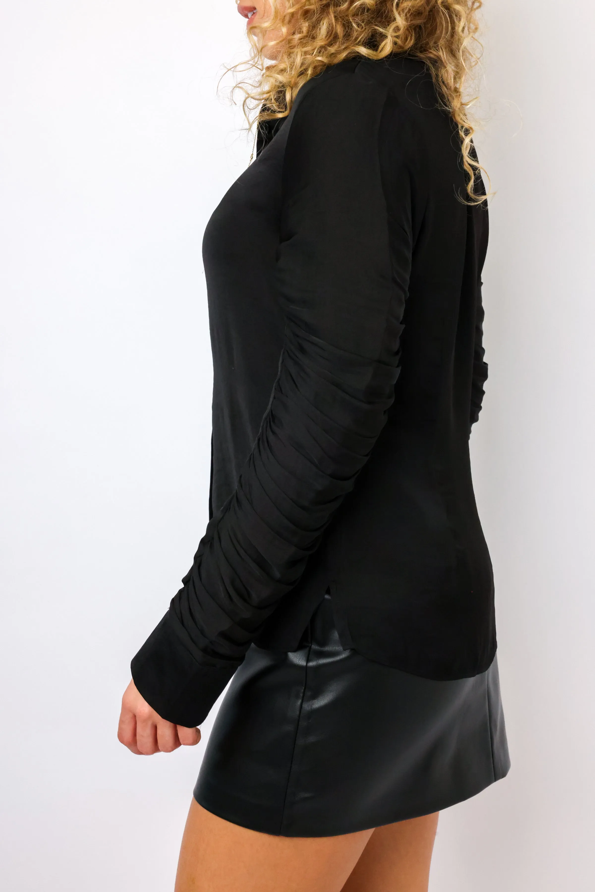 Naked Zebra Button-up Blouse With Ruched Sleeve Detail