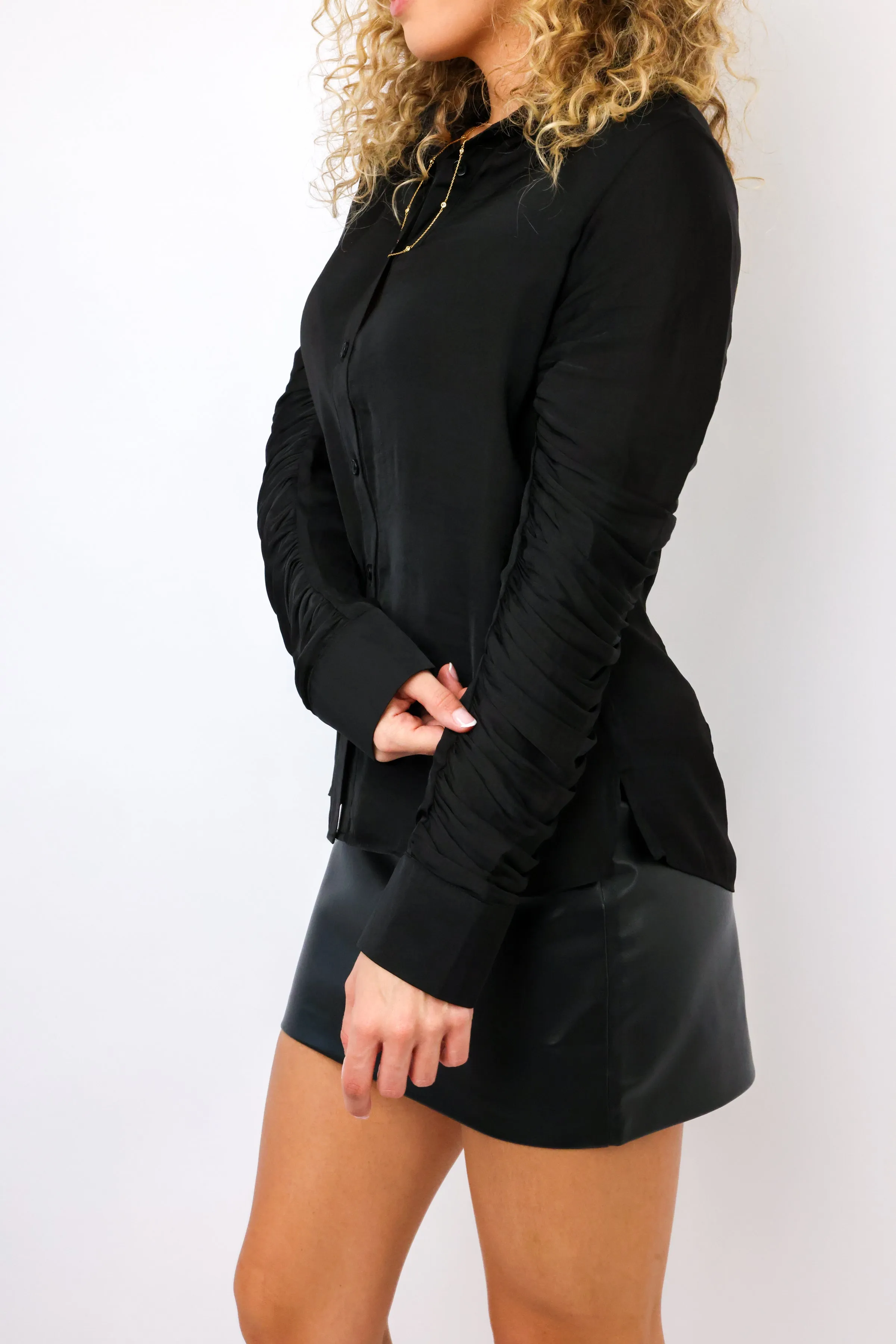 Naked Zebra Button-up Blouse With Ruched Sleeve Detail
