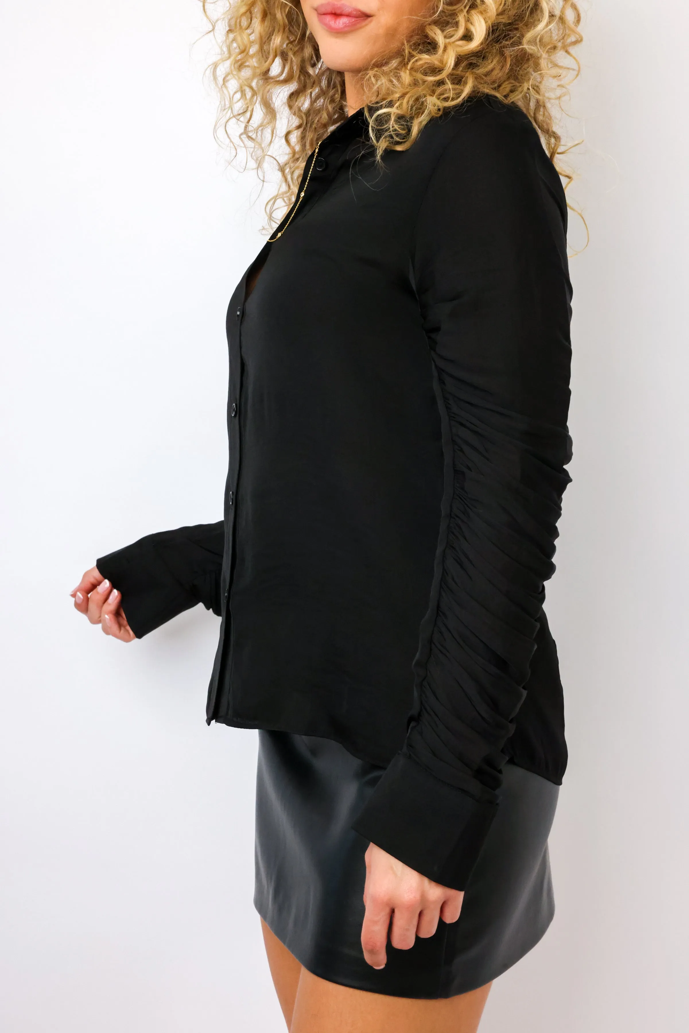 Naked Zebra Button-up Blouse With Ruched Sleeve Detail