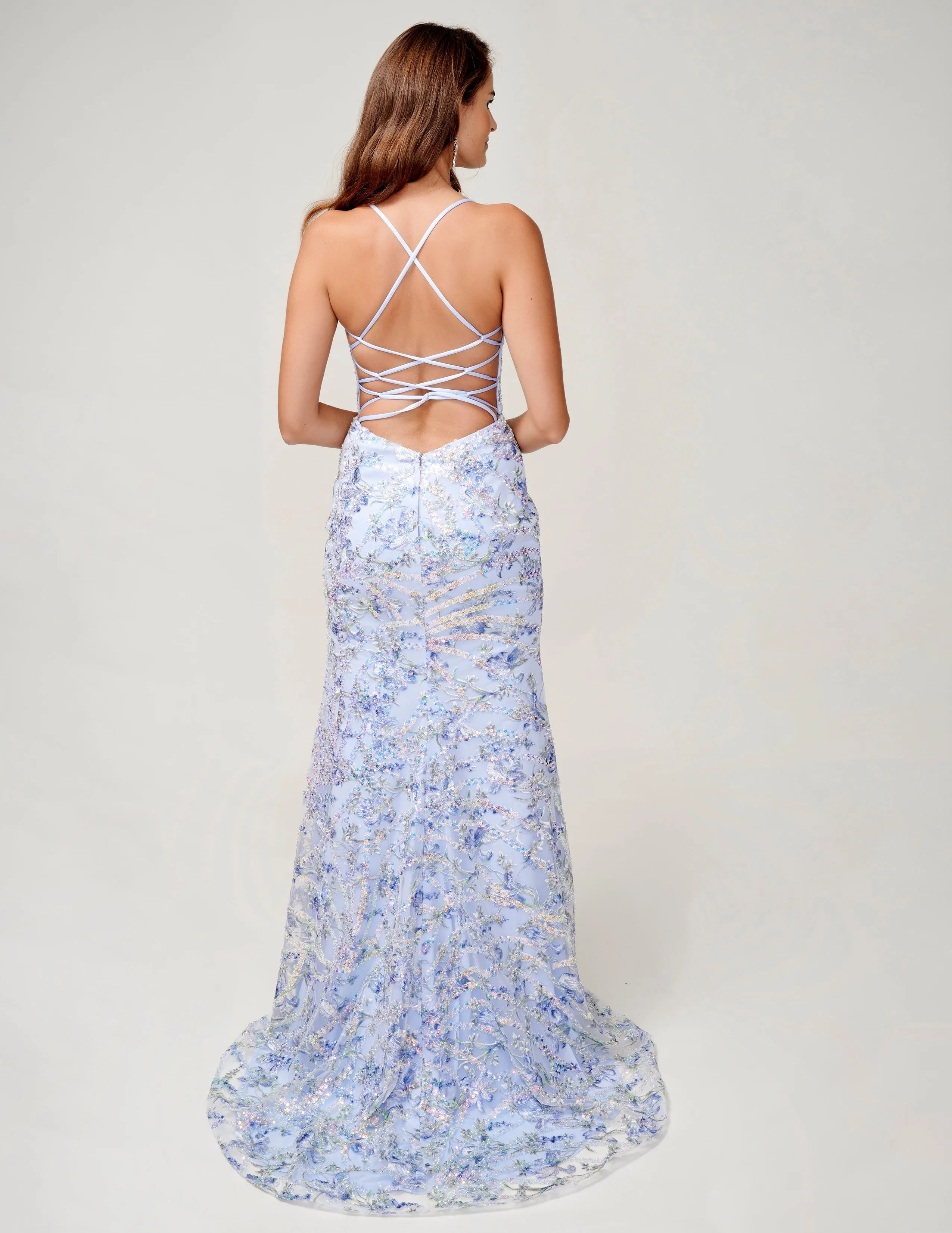 Nina Canacci 2372 Size 4 Nude Beaded Formal Dress Backless Corset Sequin Gown V Neck Slit Fitted