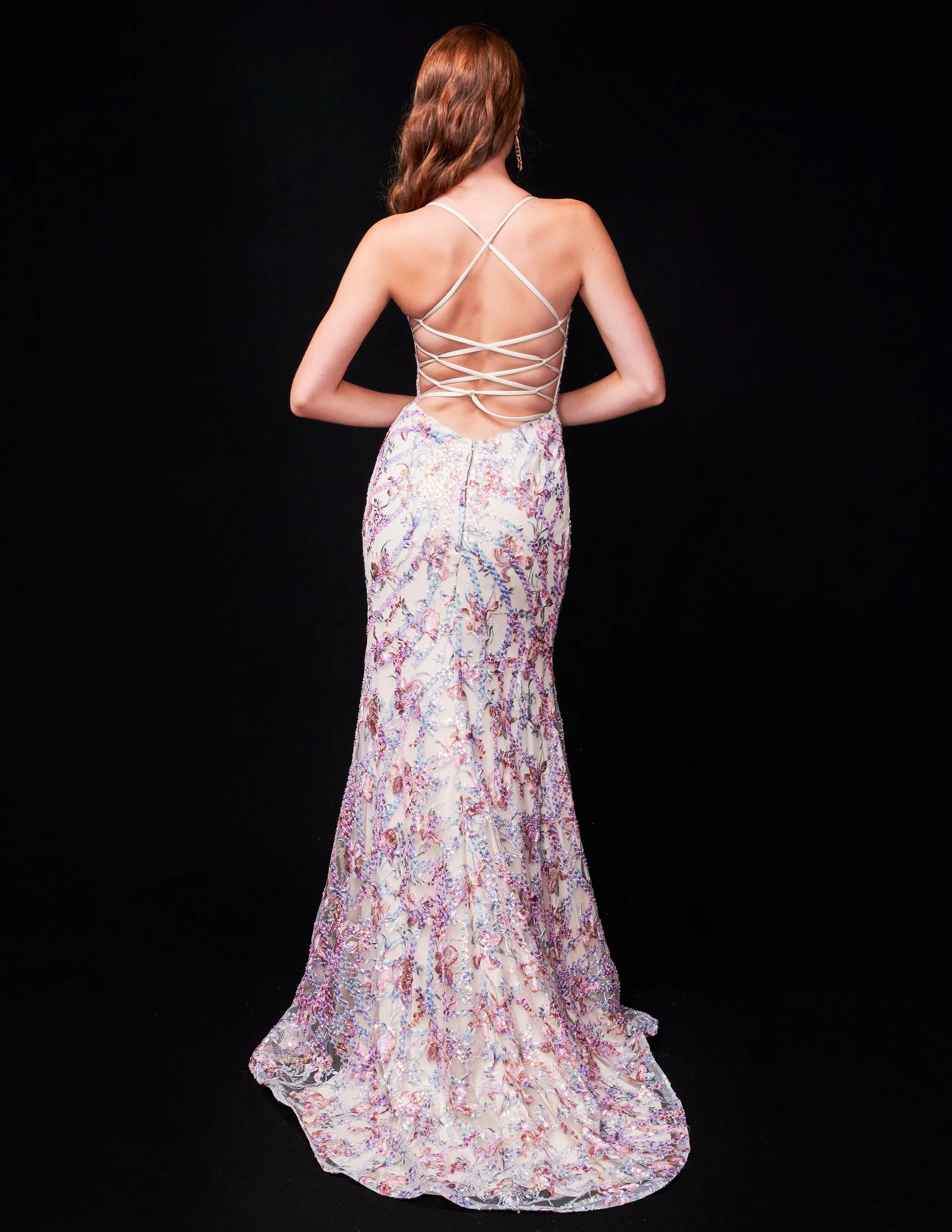 Nina Canacci 2372 Size 4 Nude Beaded Formal Dress Backless Corset Sequin Gown V Neck Slit Fitted