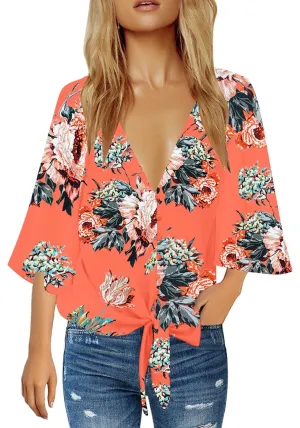 Orange Women's V Neck Button Down Shirts 3/4 Bell Sleeve Tie Knot Blouse