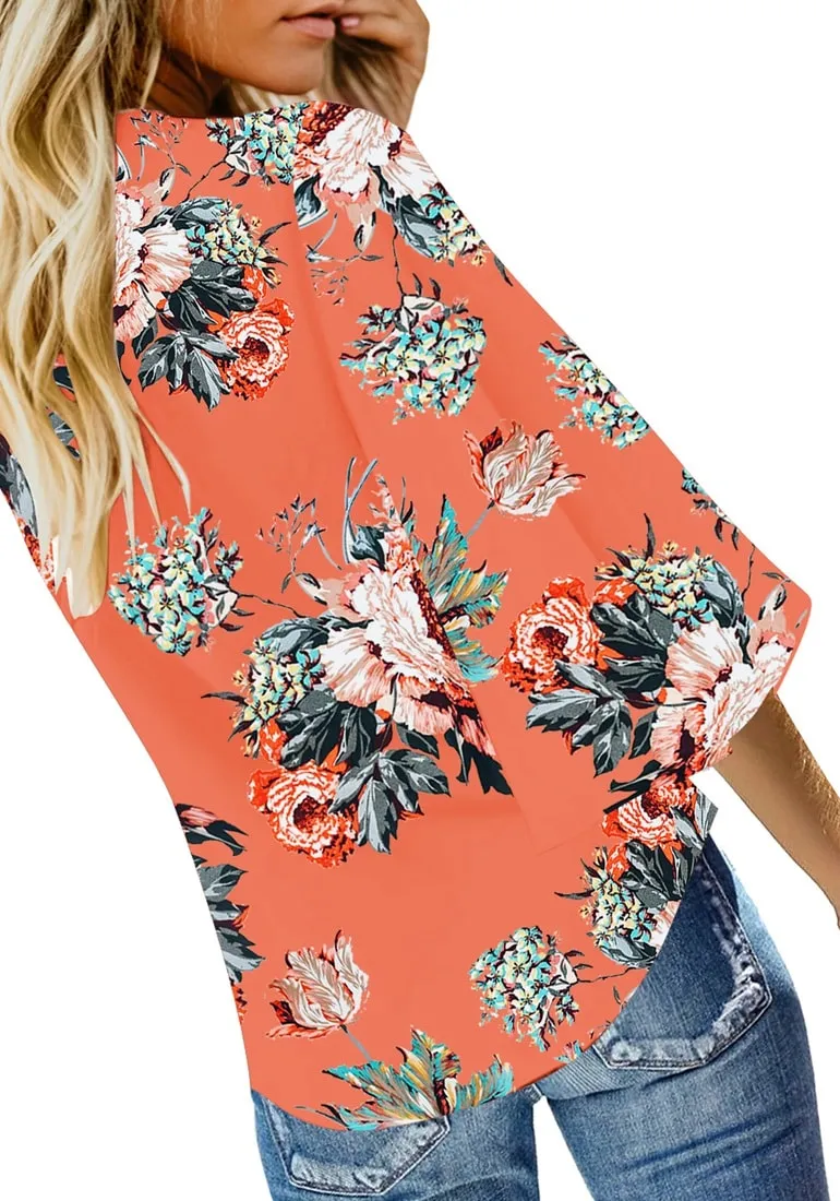 Orange Women's V Neck Button Down Shirts 3/4 Bell Sleeve Tie Knot Blouse