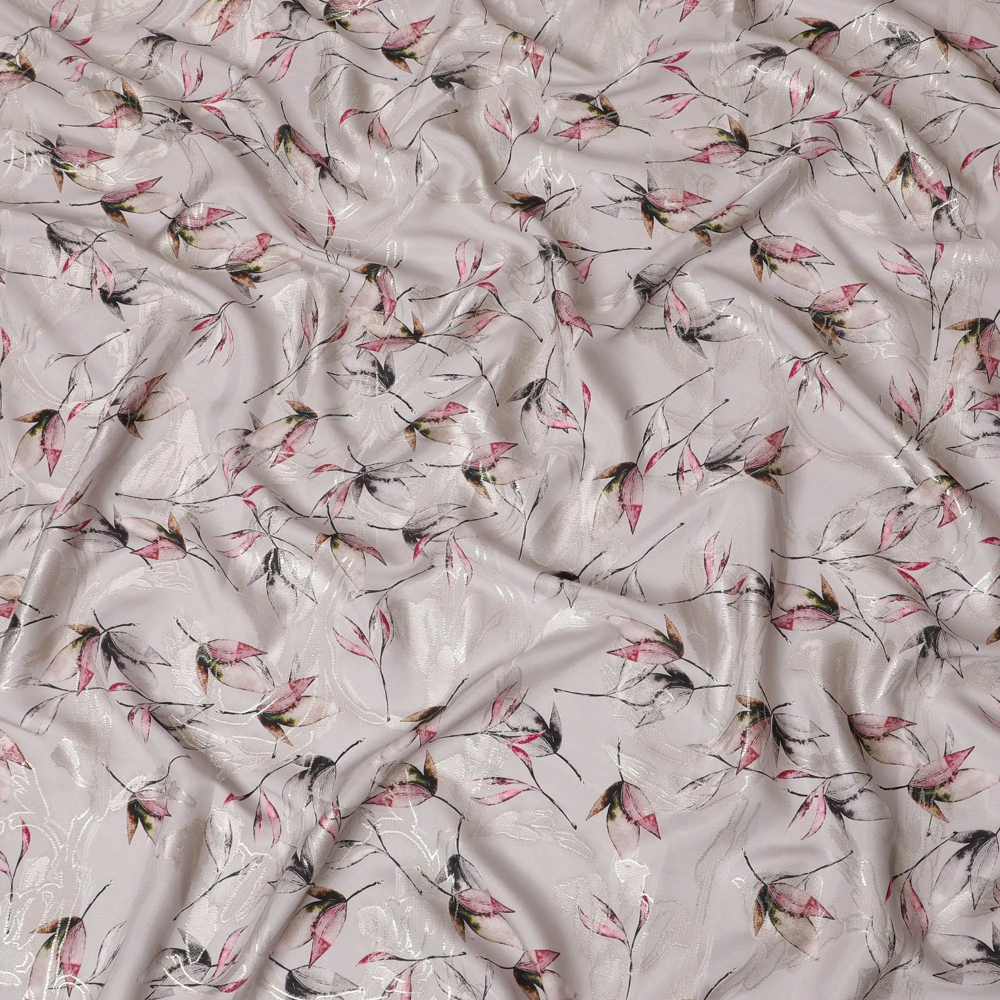 Pale brown Premium pure silk crepe fabric with multicolor print having gold metallic lurex in floral design-D15736