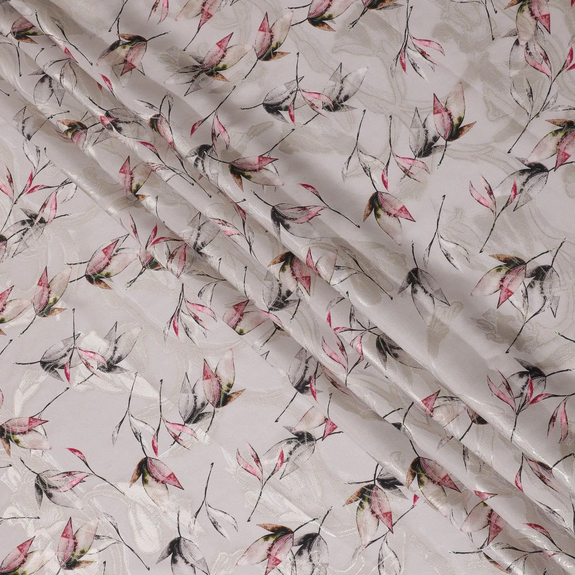 Pale brown Premium pure silk crepe fabric with multicolor print having gold metallic lurex in floral design-D15736