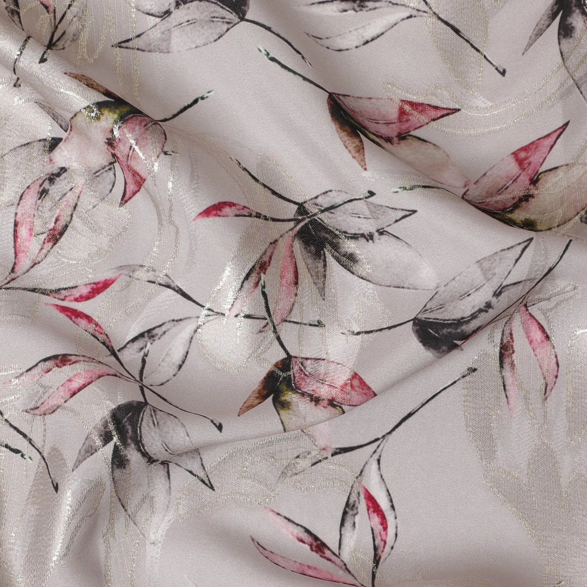 Pale brown Premium pure silk crepe fabric with multicolor print having gold metallic lurex in floral design-D15736