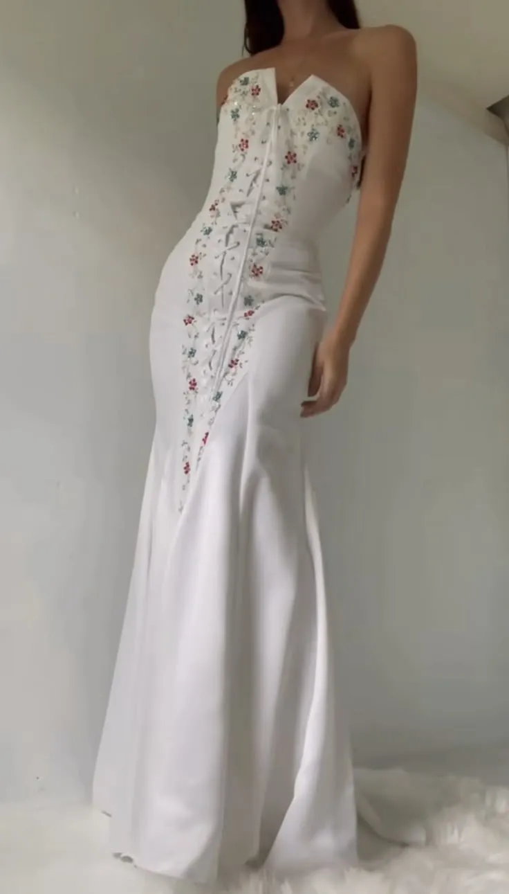 Pretty White Strapless Mermaid Beaded Chic Long Evening Party Dresses, D1043