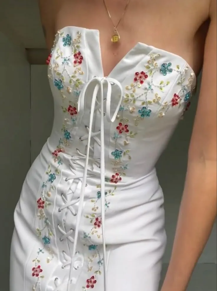 Pretty White Strapless Mermaid Beaded Chic Long Evening Party Dresses, D1043