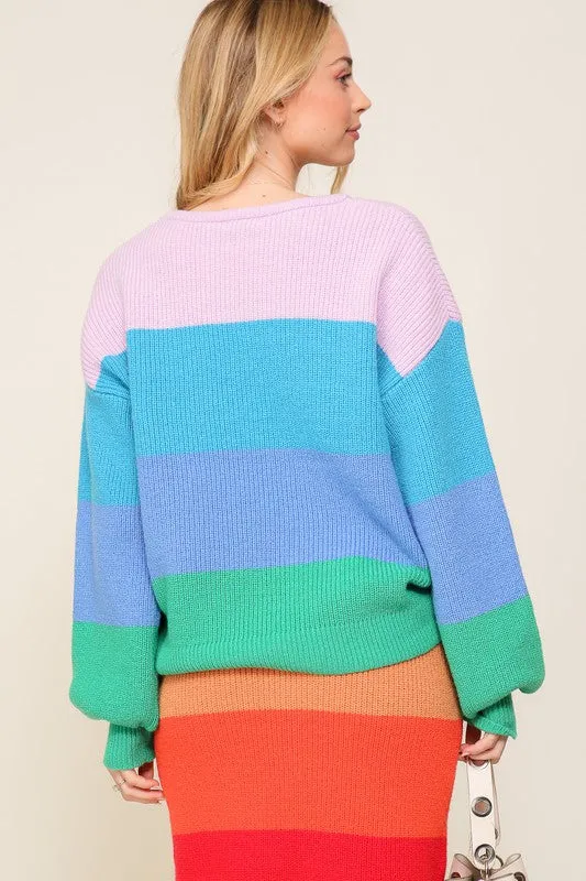 Rainbow Stripe Oversized Chunky Knit Pullover