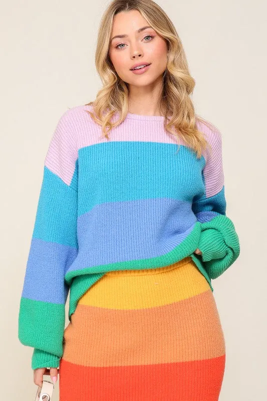 Rainbow Stripe Oversized Chunky Knit Pullover