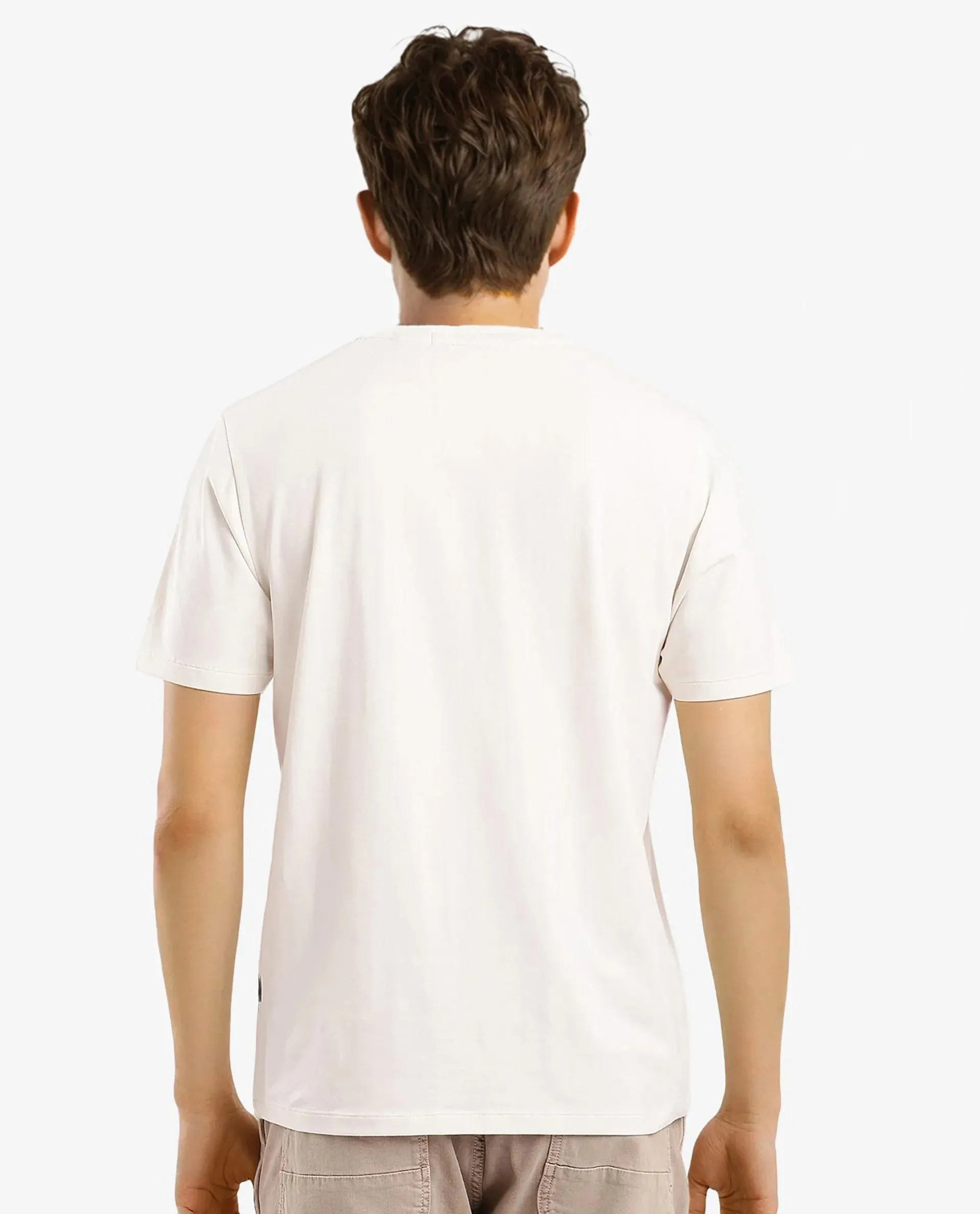 Rare Rabbit Men Jaceb Off White Cotton Lycra Fabric Short Sleeve Crew Neck Regular Fit Graphic Print T-Shirt