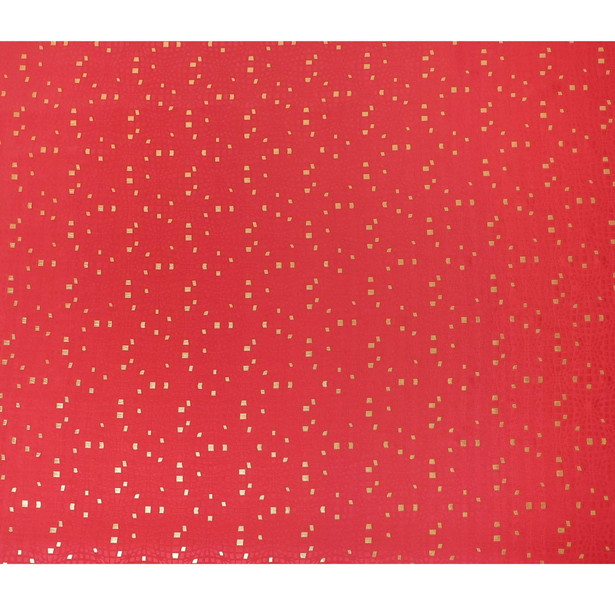 Raspberry red crepe silk fabric with gold and similar color jacquard in abstract design-D15758