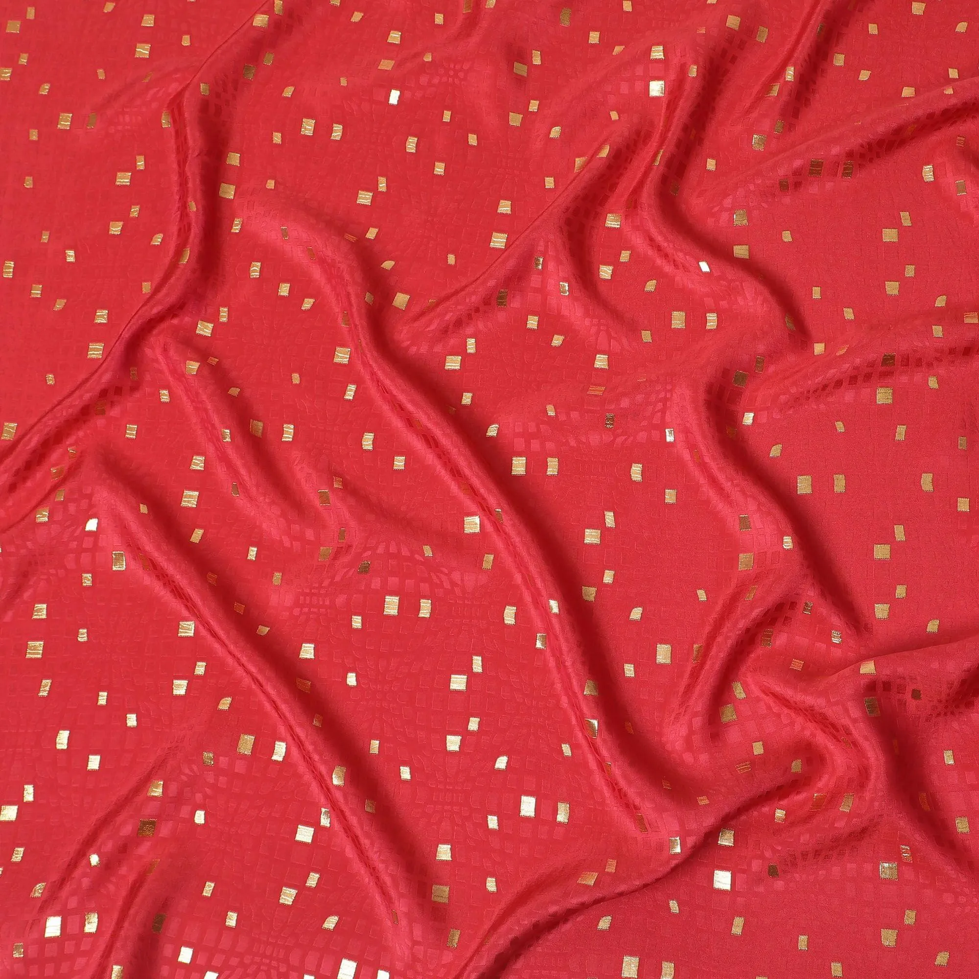 Raspberry red crepe silk fabric with gold and similar color jacquard in abstract design-D15758