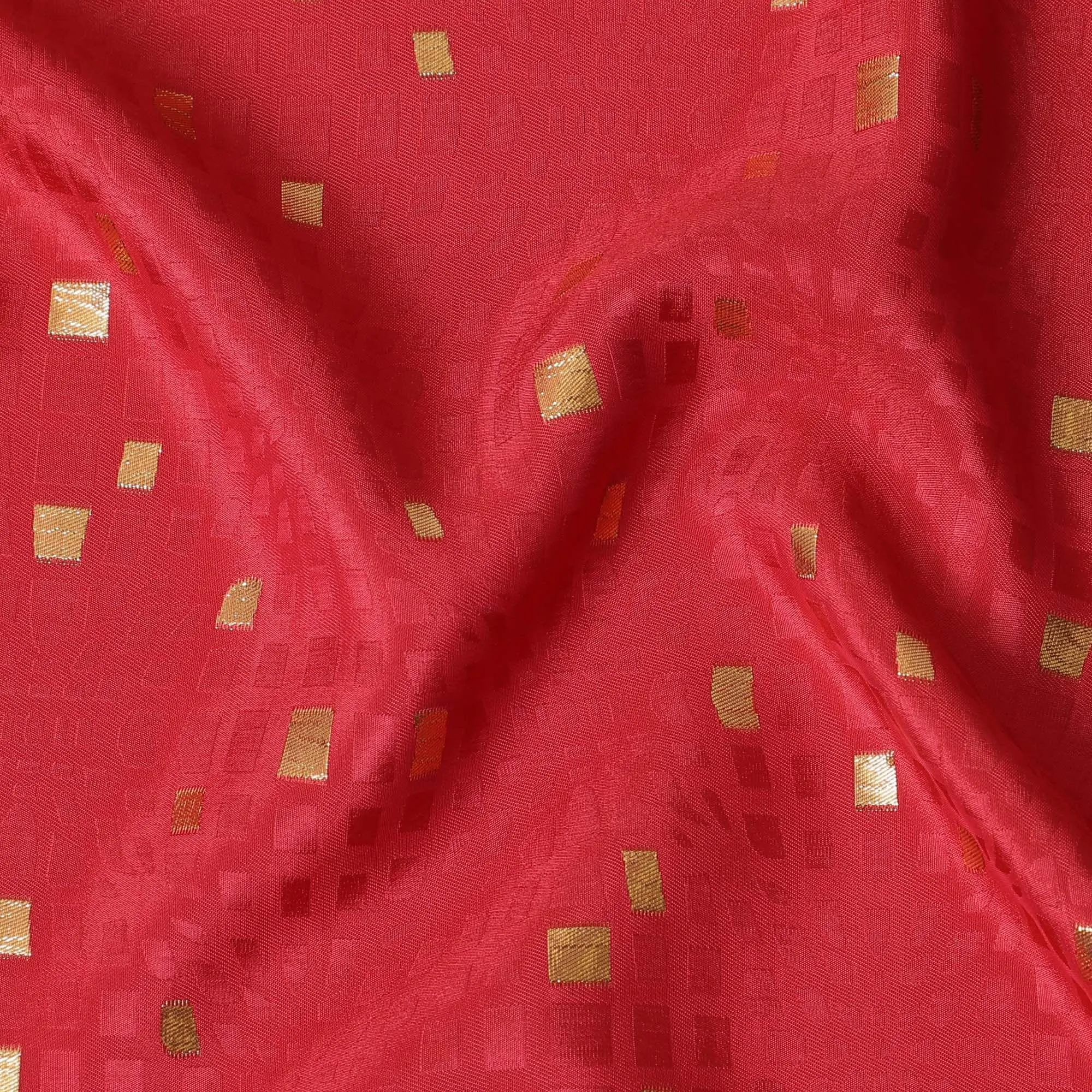 Raspberry red crepe silk fabric with gold and similar color jacquard in abstract design-D15758