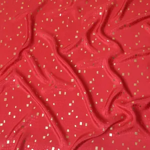 Raspberry red crepe silk fabric with gold and similar color jacquard in abstract design-D15758