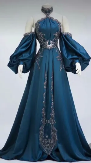 Retro Teal Halter Neck A-Line Beading Chic Long Party Dress Evening Gown, D935