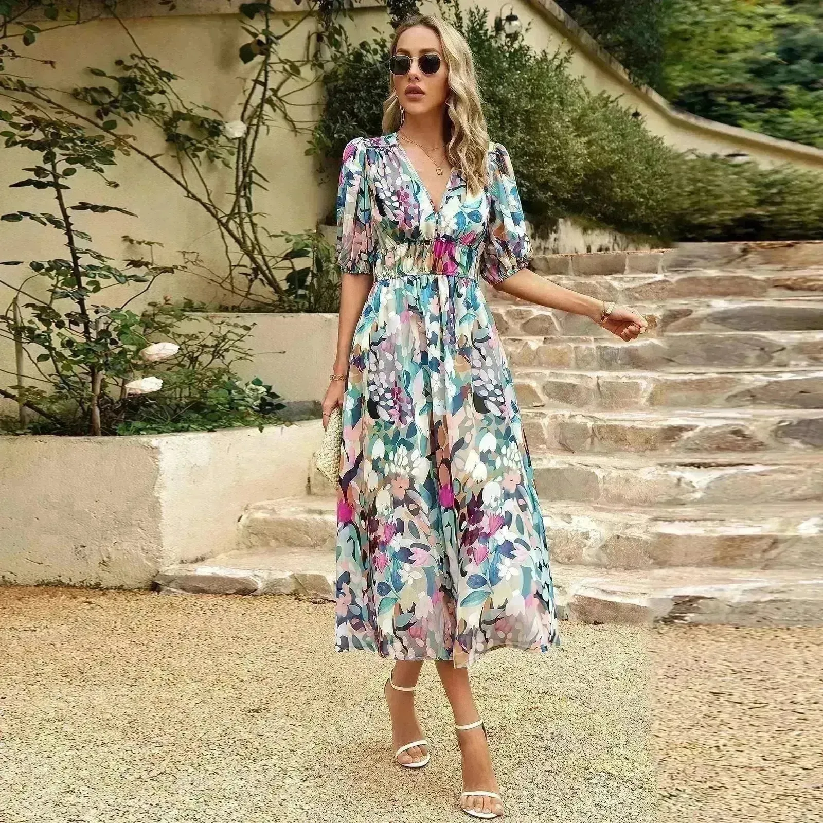 Summer Chiffon Floral Printed Temperament Waist-controlled V-neck Casual Midi Dress