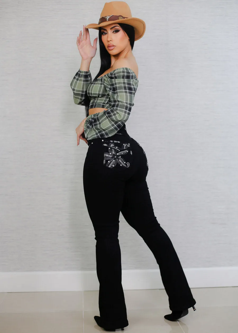 Super High Waist Black Bootcut Jeans w Back Pocket Design
