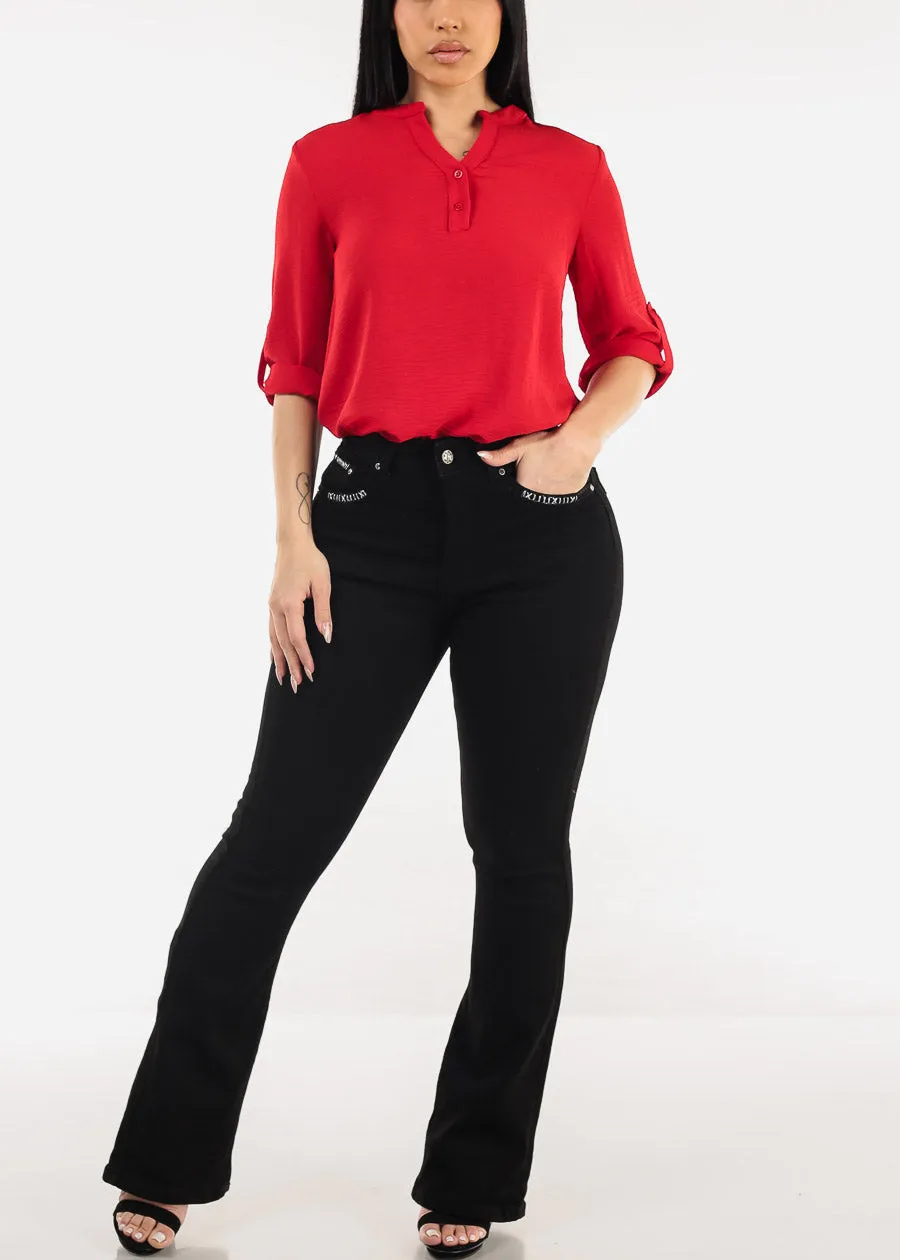 Super High Waist Black Bootcut Jeans w Back Pocket Design