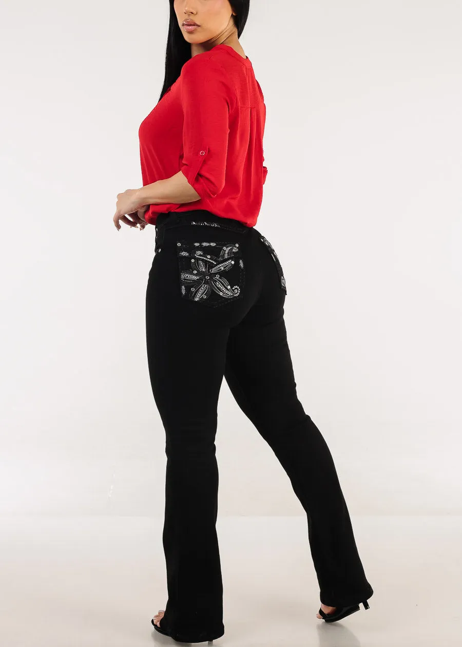 Super High Waist Black Bootcut Jeans w Back Pocket Design