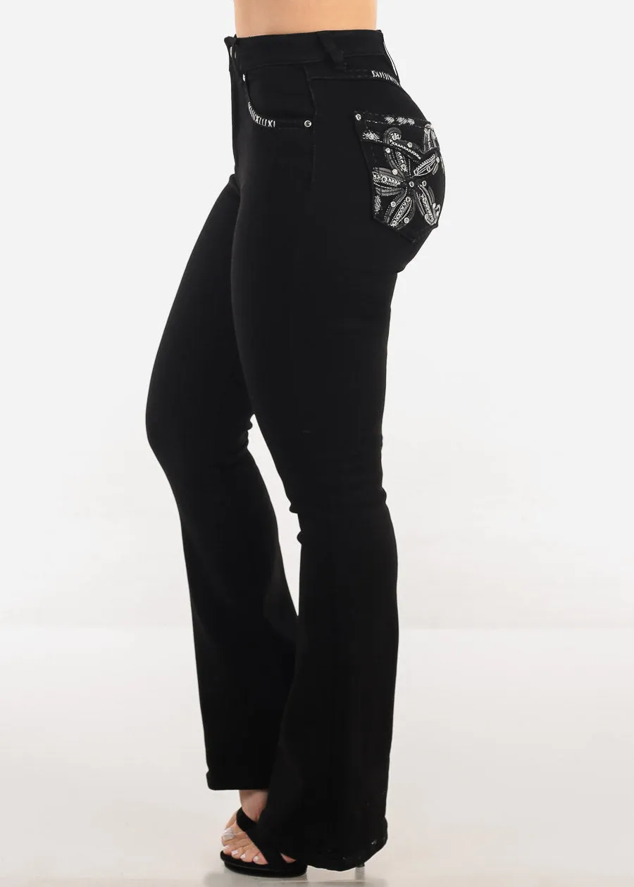 Super High Waist Black Bootcut Jeans w Back Pocket Design
