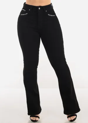Super High Waist Black Bootcut Jeans w Back Pocket Design