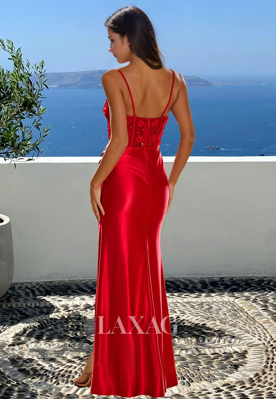 Sweetheart Spaghetti Straps Sleeveless Mermaid Prom Dress Beaded Floral Embossed Evening Gowns