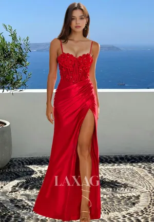 Sweetheart Spaghetti Straps Sleeveless Mermaid Prom Dress Beaded Floral Embossed Evening Gowns