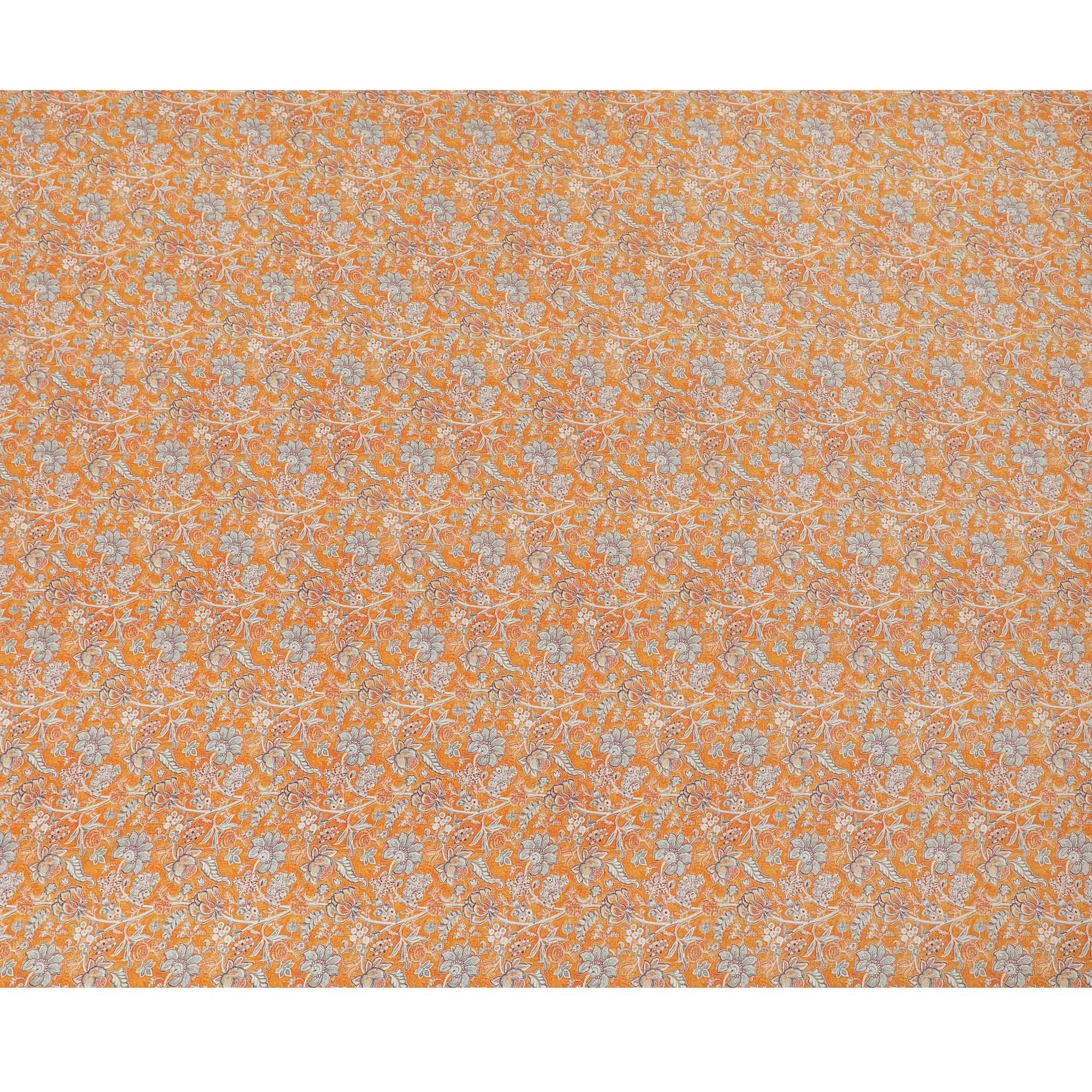 Tangerine orange synthetic crepe fabric with grey and maroon digital prints in floral design-D15781