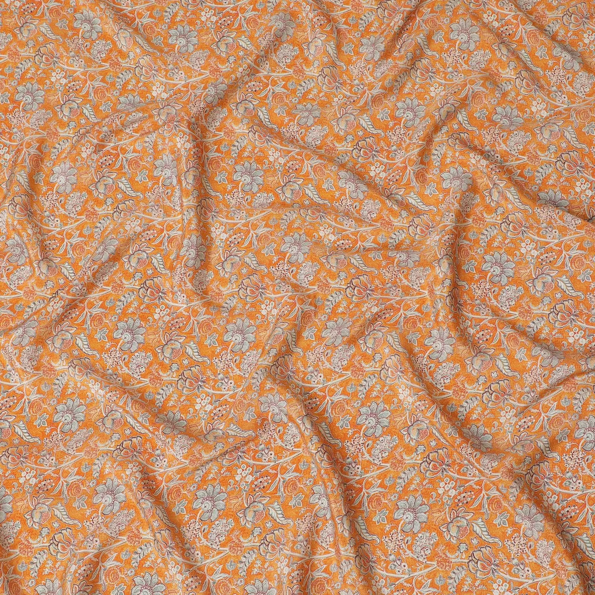 Tangerine orange synthetic crepe fabric with grey and maroon digital prints in floral design-D15781